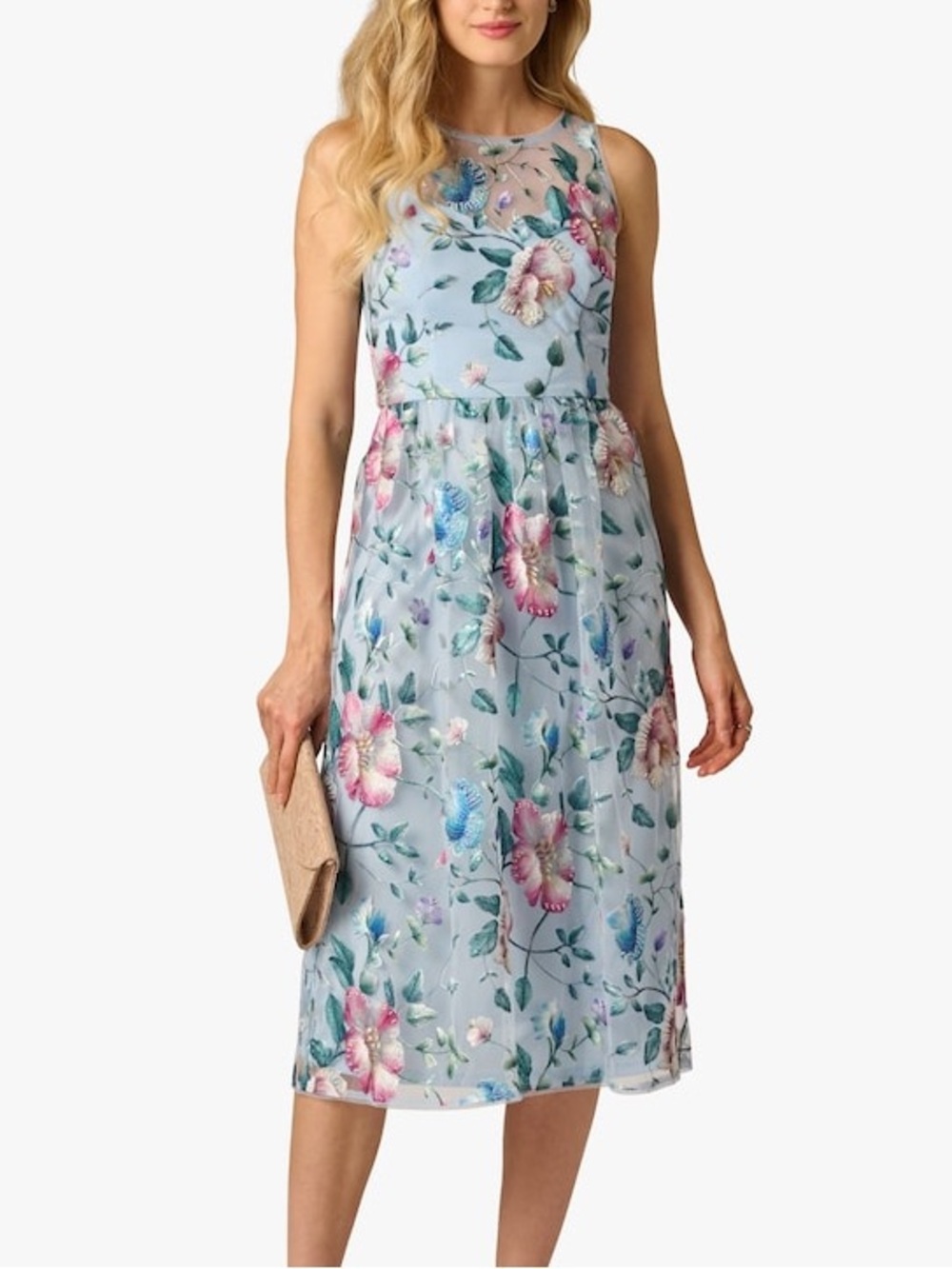 Adrianna Papell Blue Beaded Floral Embroidered Midi Sheath Dress Size 4
